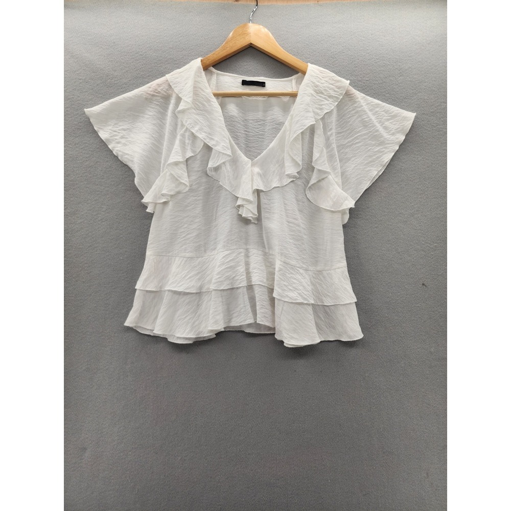 Zara White Ruffle Peplum Blouse Womens Medium Textured V-Neck Flutter Sleeve Top - Picture 1 of 10